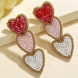 NEW NORDSTROM Handmade Red Pink White Gold Beaded Drop Earrings Felt Steel Post